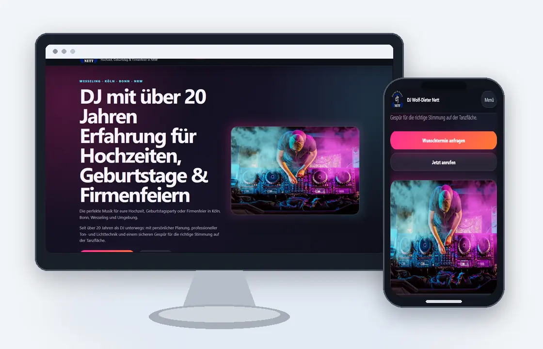Desktop- und Smartphone-Ansicht der Website von DJ Wolf-Dieter Nett