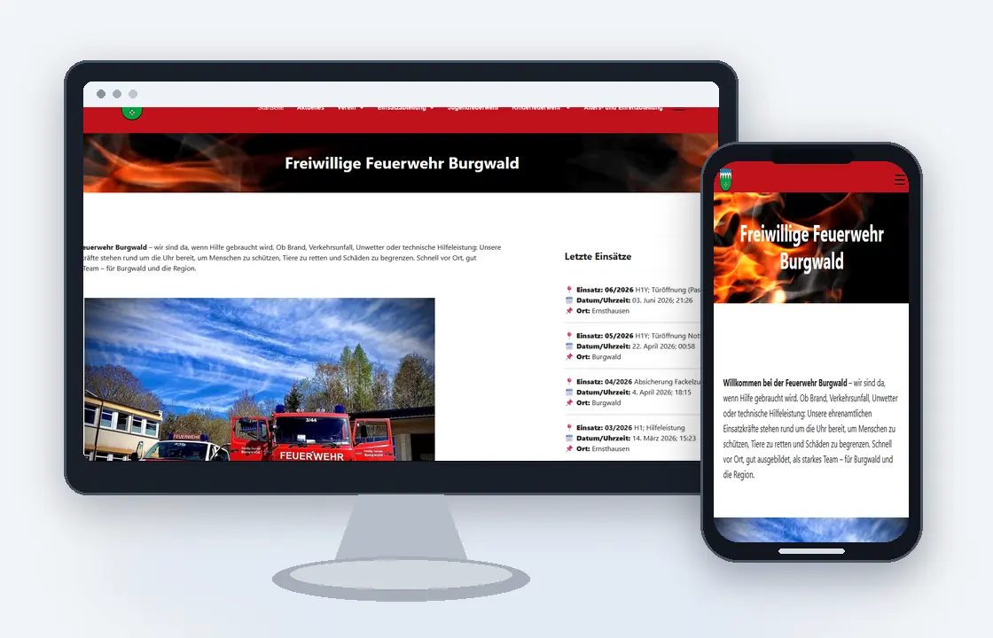 Desktop- und Smartphone-Ansicht der Website von Feuerwehr Burgwald