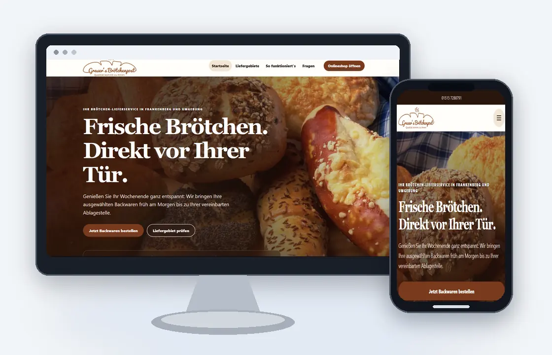 Desktop- und Smartphone-Ansicht der Website von Grasers Brötchenpost