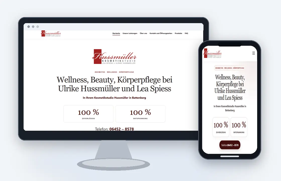 Desktop- und Smartphone-Ansicht der Website von Kosmetikstudio Hussmüller