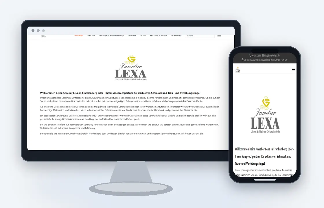 Desktop- und Smartphone-Ansicht der Website von Juwelier Lexa