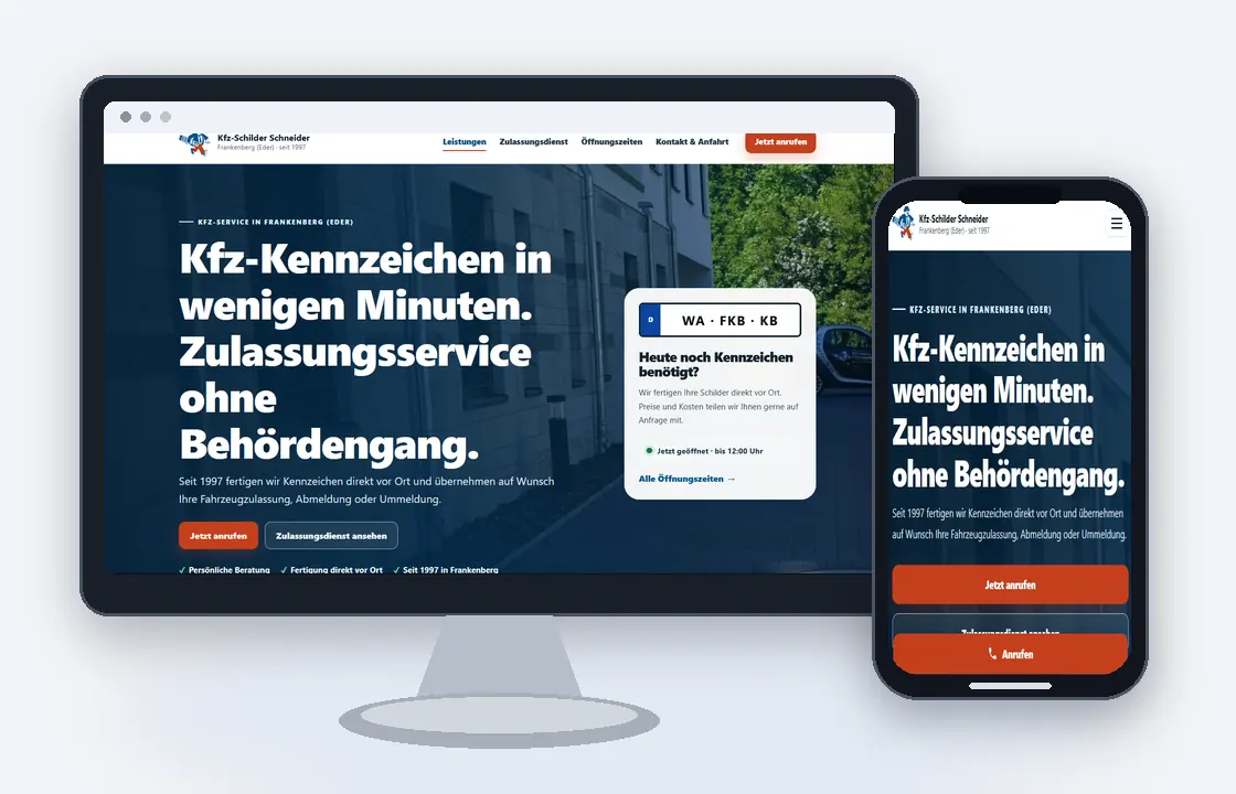 Desktop- und Smartphone-Ansicht der Website von Kfz-Schilder Schneider
