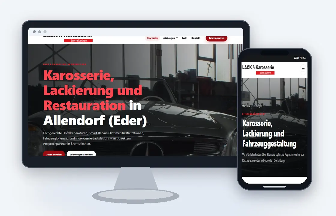 Desktop- und Smartphone-Ansicht der Website von Lack & Karosserie