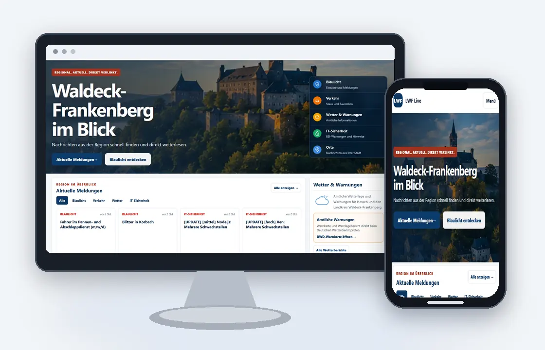 Desktop- und Smartphone-Ansicht der Website von LWF Live